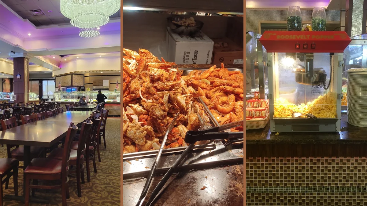 Spacious buffet dining room with long serving stations.