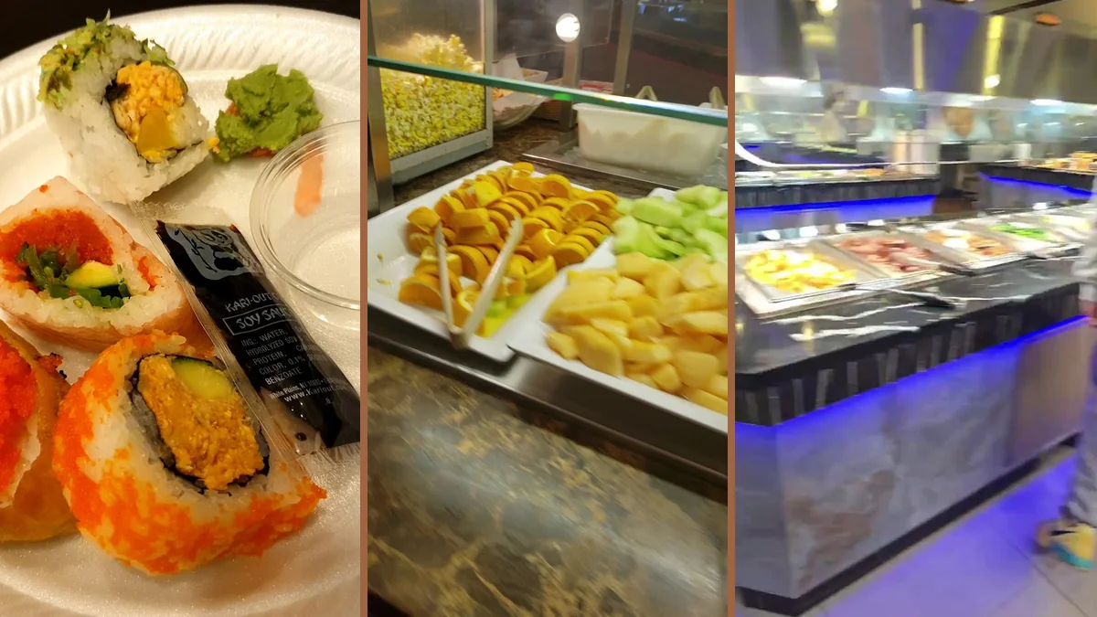 Rows of dishes in a casual restaurant setting.