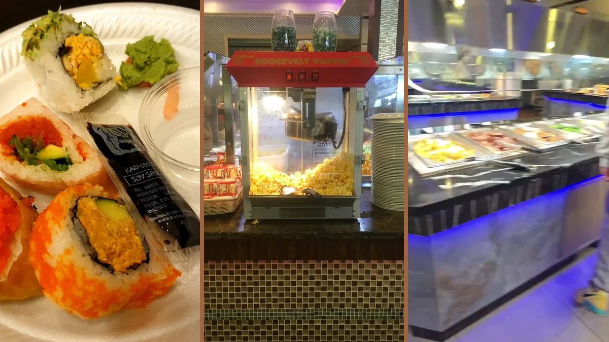 Bright tables beside a wide buffet counter.